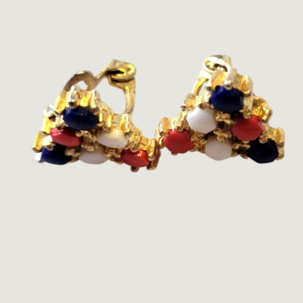 Vintage Clip On‎ Earrings Red White Blue Patriotic Nautical Gold Tone Triangle